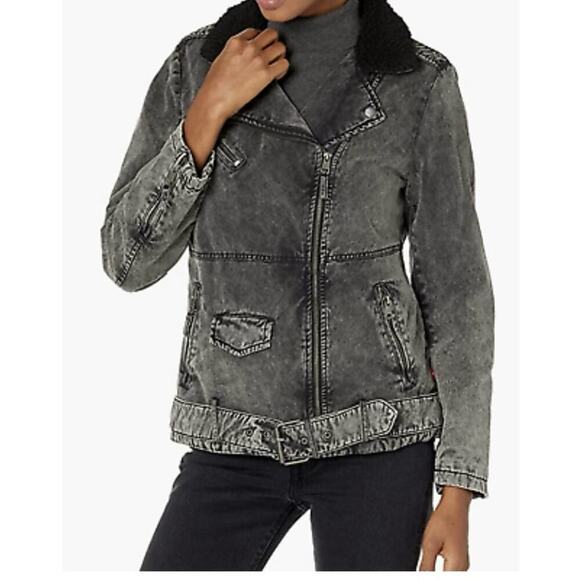 Levi's Acid Wash 💯 Cotton Sherpa Oversized Moto Denim Jean Jacket Women Large M - Picture 1 of 6